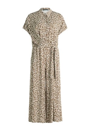 Beiger Jumpsuit mit weitem Bein, braunem Leopardenmuster, kurzen Ärmeln, Kragen, durchgehender Knopfleiste und passendem Stoffgürtel in der Taille.