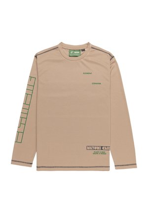 Beige long-sleeve t-shirt made of cotton, featuring green text and graphics on the front and sleeve, with contrasting stitching details.