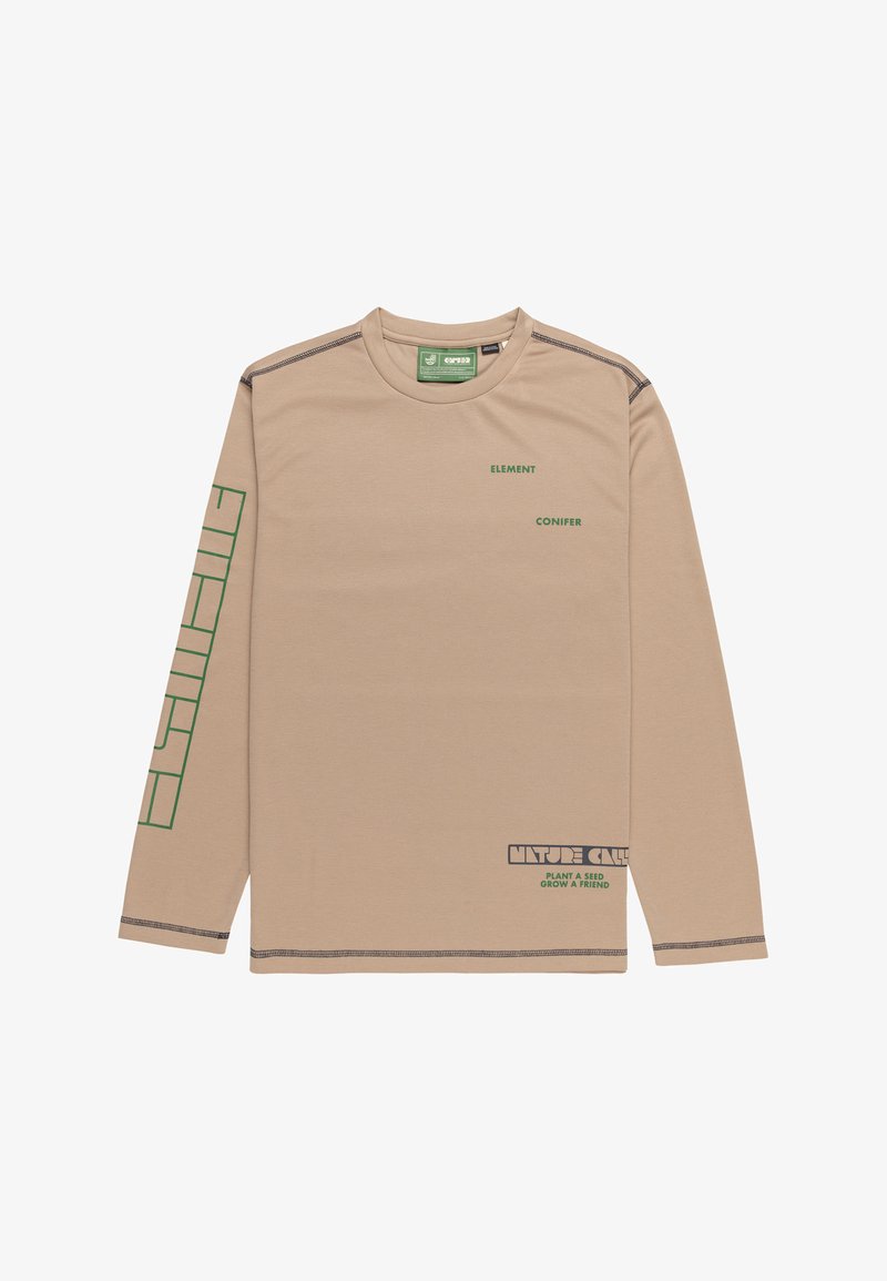 Beige Langarm-T-Shirt aus Baumwolle, mit grünen Texten und Grafiken auf der Vorderseite und dem Ärmel, sowie kontrastierenden Nähten.
