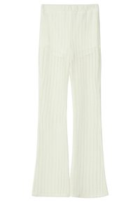 Białe, prążkowane, rozkloszowane spodnie z miękkim elastycznym pasem w talii i dwoma bocznymi kieszeniami. Wykonane z lekkiego, teksturowanego materiału.