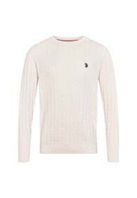 Pull blanc en maille torsadée à manches longues avec col rond et petit logo noir brodé sur le côté gauche de la poitrine.