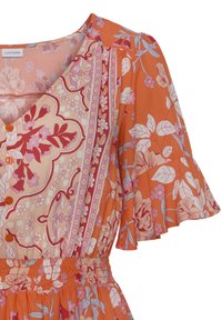 Floral-patterned orange dress with a V-neck, short ruffled sleeves, button details, and smocked waistline. Made from lightweight fabric.