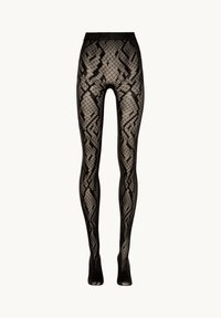 Schwarze transparente Strumpfhosen mit Schlangenledermuster, mit einer strukturierten Oberfläche und einem soliden schwarzen Bund. Feiern ein einzigartiges Designästhetik.