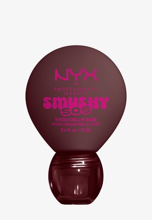 NYX Professional Makeup Smushy SOS Feuchtigkeitsspendende Lippenmaske Behälter, dunkelburgunder mit knallpinkem Text, 12 ml Größe.