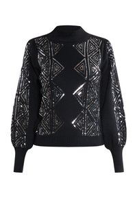 Maglione nero con collo alto, caratterizzato da motivi geometrici in paillettes sulle maniche e sul fronte. Polsini e orlo a costine, tessuto testurizzato.