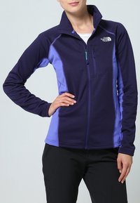Polarowy jacket w ciemnofioletowym kolorze z jasnofioletowymi akcentami, z wysokim kołnierzem, zamykanymi kieszeniami i teksturowanym materiałem. Klasyczny fason.
