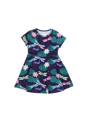 Marineblaues Kurzarmkleid mit buntem Muster aus Libellen, Seerosenblättern sowie rosa und weißen Seerosen.