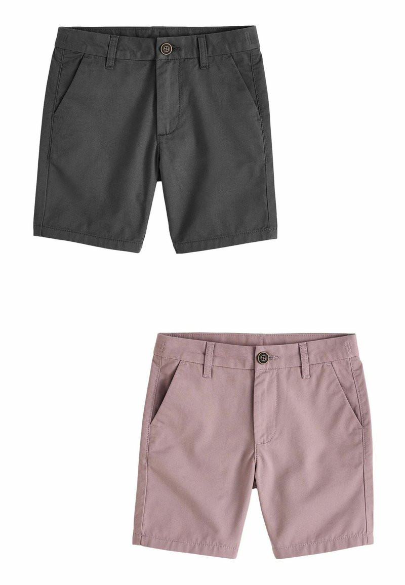 Grå og lyserøde shorts lavet af bomuld. Funktioner inkluderer en knaplukning og to forlommer, med et klassisk tætsiddende design.