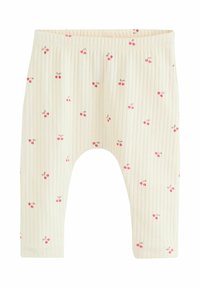 Cremfarbene, gerippte Babyleggings mit kleinen roten Kirschmotiven und einem elastischen Bund, flach auf einem weißen Hintergrund ausgelegt.