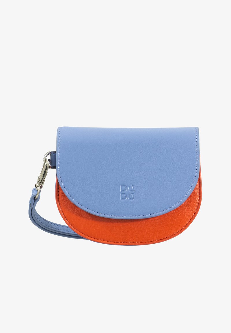 Leather crossbody bag featuring a curved design with light blue and orange sections. Includes a detachable strap and embossed logo detail.