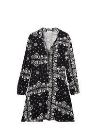 Robe noire à manches longues, fermeture à bouton et motif floral blanc. Elle présente un col et une taille cintrée qui s'évase.