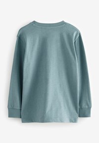 Langarm-T-Shirt aus weichem, helltürkisfarbenem Baumwollstoff. Mit einem Rundhalsausschnitt und gerippten Bündchen. Glatte Textur ohne sichtbare Muster.