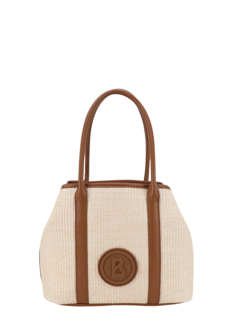 Borsa a tracolla intrecciata beige con dettagli e manici in pelle marrone. Presenta un logo circolare con la lettera "B" sul davanti. Forma quadrata.