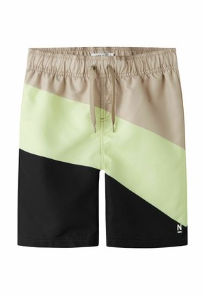 Farblich abgesetzte Badeshorts mit beigem elastischem Bund, beigen Kordelzug und diagonalen hellgrünen und schwarzen Einsätzen.