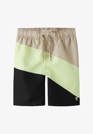 Zwemshorts met kleurvlakken, voorzien van een beige elastische tailleband, beige trekkoord en diagonale lichtgroene en zwarte panelen.