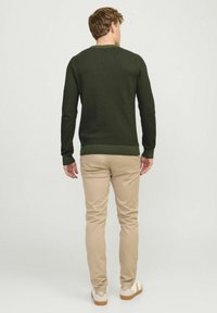 Pull en maille vert foncé avec un col rond. Accordé avec un pantalon beige clair et des chaussures blanches à semelle beige. Détail texturé à l'arrière visible.