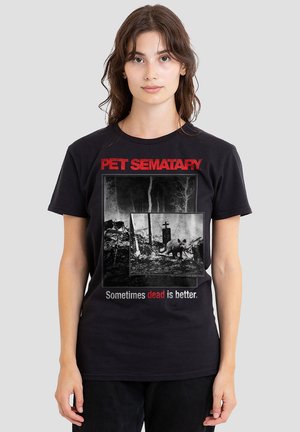 Black t-shirt featuring a graphic design with "PET SEMATARY" in red, an image in black and white, and the text "Sometimes dead is better" in white.