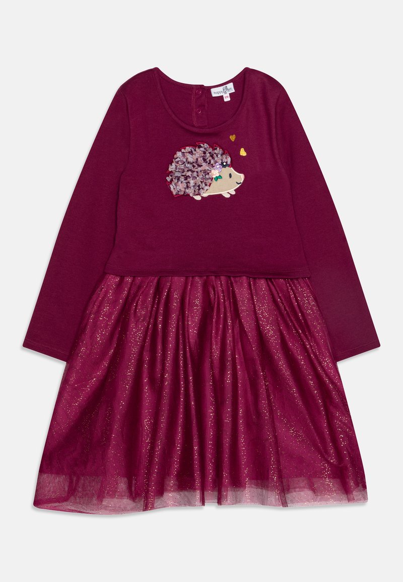 Svetlo rdeča obleka z dolgimi rokavi, okrašena s vezenino ježa in bleščečo tila krilo. Mehka tkanina z gumbom za zapiranje in plastev teksture.