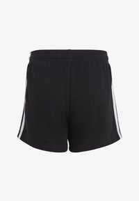 Zwarte sportshorts met een elastische tailleband, voorzien van witte zijstrepen, een gladde textuur en een eenvoudig ontwerp.