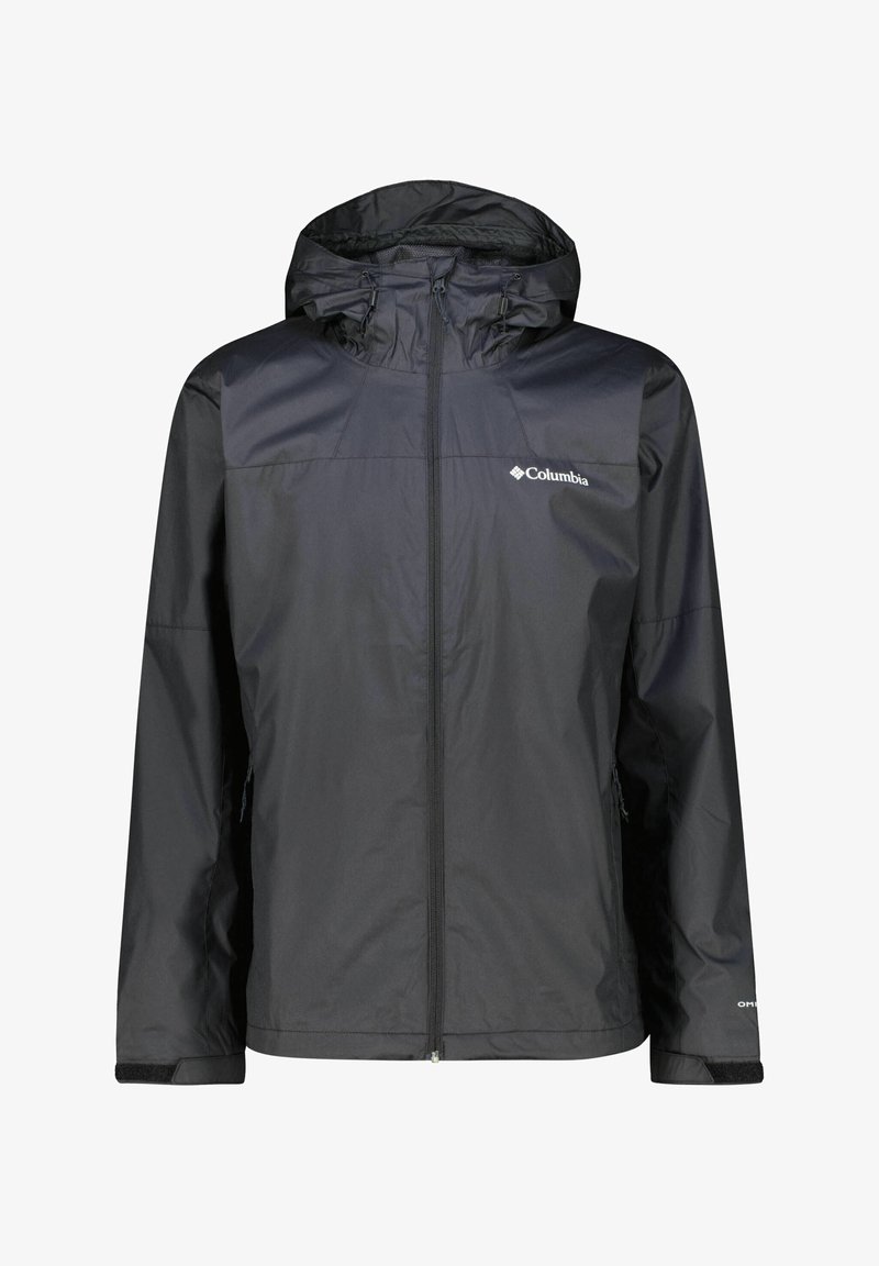 Veste imperméable légère noire avec capuche ajustable, fermeture éclair et logo Columbia sur la poitrine. Elle possède une texture lisse et résistante à l'eau.