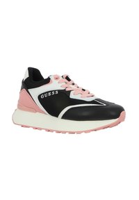 Baskets de sport noires et roses avec tige en mesh, accents blancs et semelle texturée. Comprend des lacets, un embout arrondi et un détail de logo.
