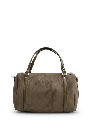 Borsa in camoscio marrone con due manici in pelle verde oliva e rifinitura verticale in pelle, mostrata su sfondo bianco.