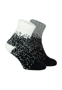 Zwei Paar Knöchelsocken mit einem Farbverlauf von Schwarz zu Weiß und Grau, gefertigt aus weichem, strukturiertem Material mit verschiedenen Mustern.