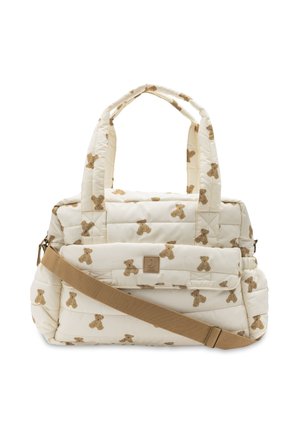 Sac matelassé crème avec imprimé ours en peluche marron, double poignée, poche avant à rabat et bandoulière réglable beige.