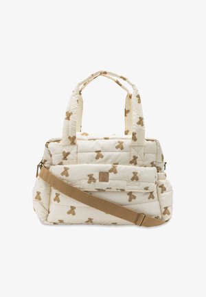 Crèmekleurige gewatteerde tas met bruine teddybeerprint, dubbele handvatten, voorvak met klep en verstelbare tan schouderriem.