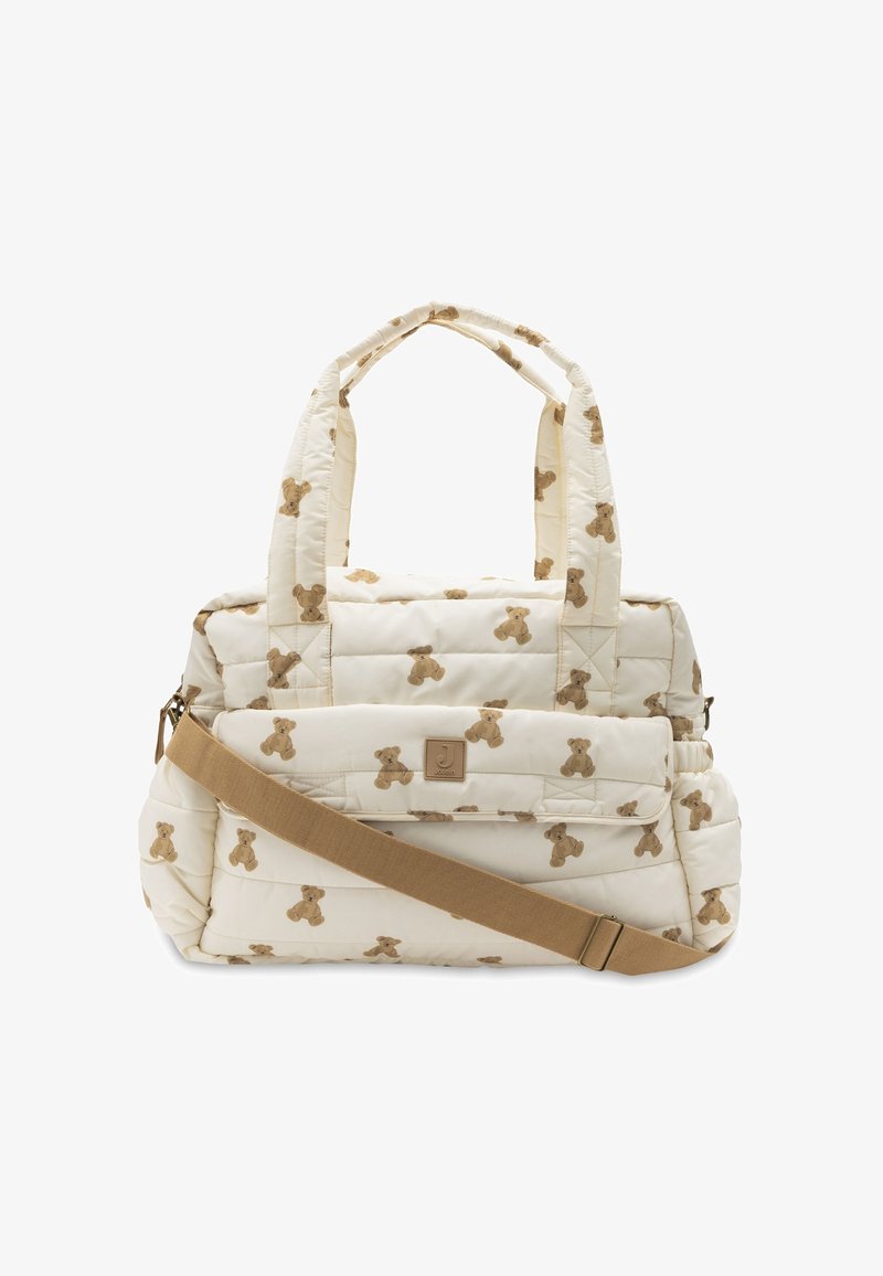 Sac matelassé crème avec imprimé ours en peluche marron, double poignée, poche avant à rabat et bandoulière réglable beige.