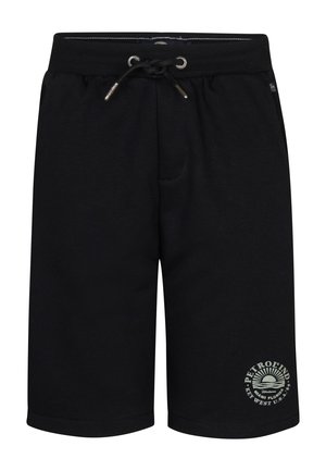 Zwarte katoenen shorts met een elastische tailleband en trekkoord. Heeft een kleine grafische print op het onderste deel van het linkerpant. Gladde textuur.
