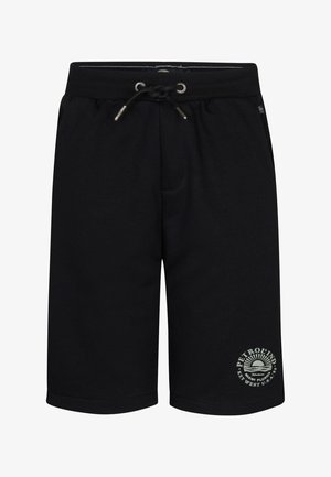 Shorts neri in cotone con vita elastica e coulisse. Presentano una piccola grafica stampata sulla parte inferiore della gamba sinistra. Texture liscia.