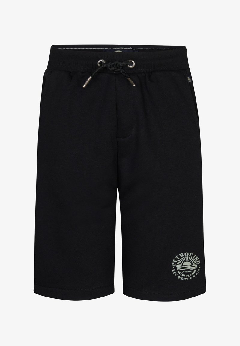 Černé bavlněné kraťasy s elastickým pasem a šňůrkou. Na dolní části levé nohavice je malý grafický potisk. Hladký povrch.