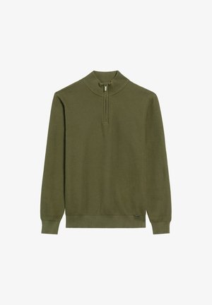 Oliwkowy sweter z wysokim kołnierzem, z przodu zapinany na zamek, o żebrowanej fakturze i długich rękawach. Posiada prosty dół z metką marki.