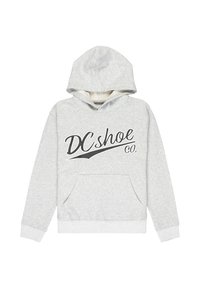 Szary bawełniany hoodie z przednią kieszenią kangurką, ściągaczami przy mankietach i dolnej krawędzi. Posiada czarny graficzny logo "DCshoe Co." na klatce piersiowej.
