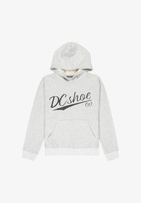 Sudadera gris de algodón con bolsillo tipo canguro en el frente, puños y dobladillo de canalé. Presenta un logo gráfico negro "DCshoe Co." en el pecho.