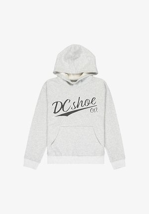 Szary bawełniany hoodie z przednią kieszenią kangurką, ściągaczami przy mankietach i dolnej krawędzi. Posiada czarny graficzny logo "DCshoe Co." na klatce piersiowej.