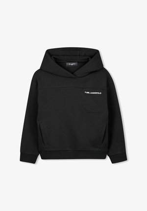 Sweat à capuche noir avec une grande capuche, une poche frontale et un petit logo sur la poitrine. Fabriqué en tissu doux avec des poignets et un ourlet côtelés.