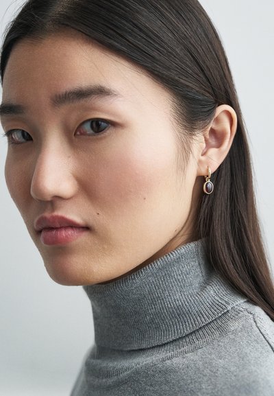 Χρυσό σκουλαρίκι με σκούρο κόκκινο λίθο, φορεμένο από ένα άτομο με γκρίζο λαιμόκοψη. Λείο δέρμα, ίσια μαύρα μαλλιά, ουδέτερο φόντο.