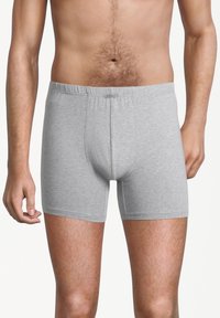 Boxer shorts grigi con tessuto di cotone morbido e elasticizzato. Presentano una vestibilità avvitata, un elastico in vita e un design semplice senza pattern o accenti.