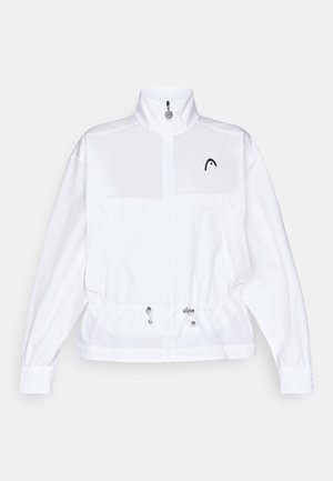 White athletic jacket with a high collar, front zip, elastic cuffs, and a drawstring waist. Features a black logo on the chest.