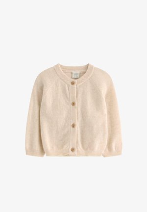 Beige gebreide cardigan gemaakt van zacht materiaal, met een ronde halslijn, raglanmouwen en houten knopen aan de voorzijde.