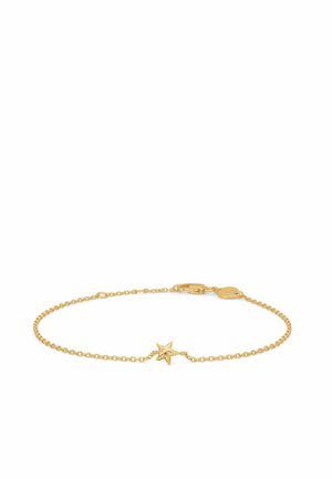 Delikat armbånd med en fin guldkæde med en lille tekstureret stjernevedhæng i midten og en karabinlås på en hvid baggrund.