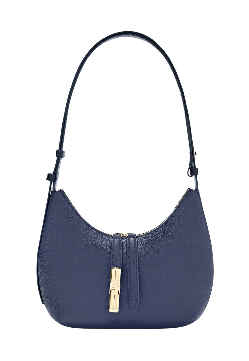 Borsa a tracolla in pelle blu navy con una sola tracolla, chiusura zip in tonalità oro e dettaglio di serratura verticale in oro sulla parte frontale.