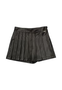 Sorte plisserede shorts i kunstlæder med en glat overflade, høj talje og et lille mærke ved taljen.