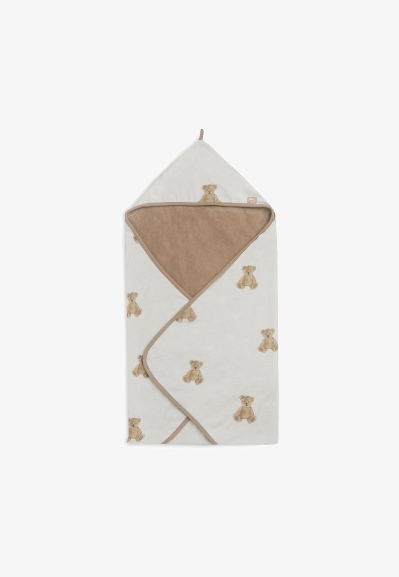 Serviette pour bébé à capuche en crème avec des impressions d'ours en peluche. Le matériau est en coton doux ; agrémentée d'une doublure en peluche marron et d'une bordure beige.