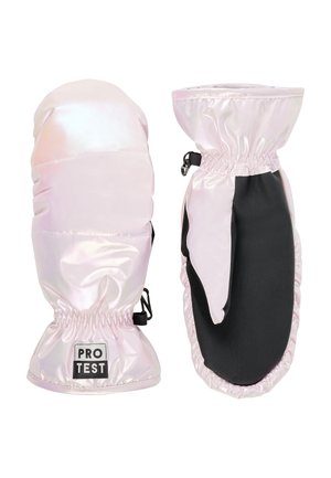 Rosa und schillernde Handschuhe mit elastischen Bündchen, ausgestattet mit einer schwarzen strukturierten Handfläche und einem Logo-Patch, die für Wärme und Schutz konzipiert sind.