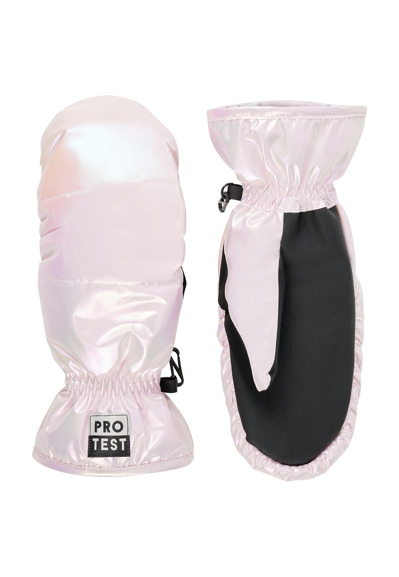 Roze en iriserende wanten met elastische manchetten, voorzien van een zwarte textuurpalma en logo-applicatie, ontworpen voor warmte en bescherming.