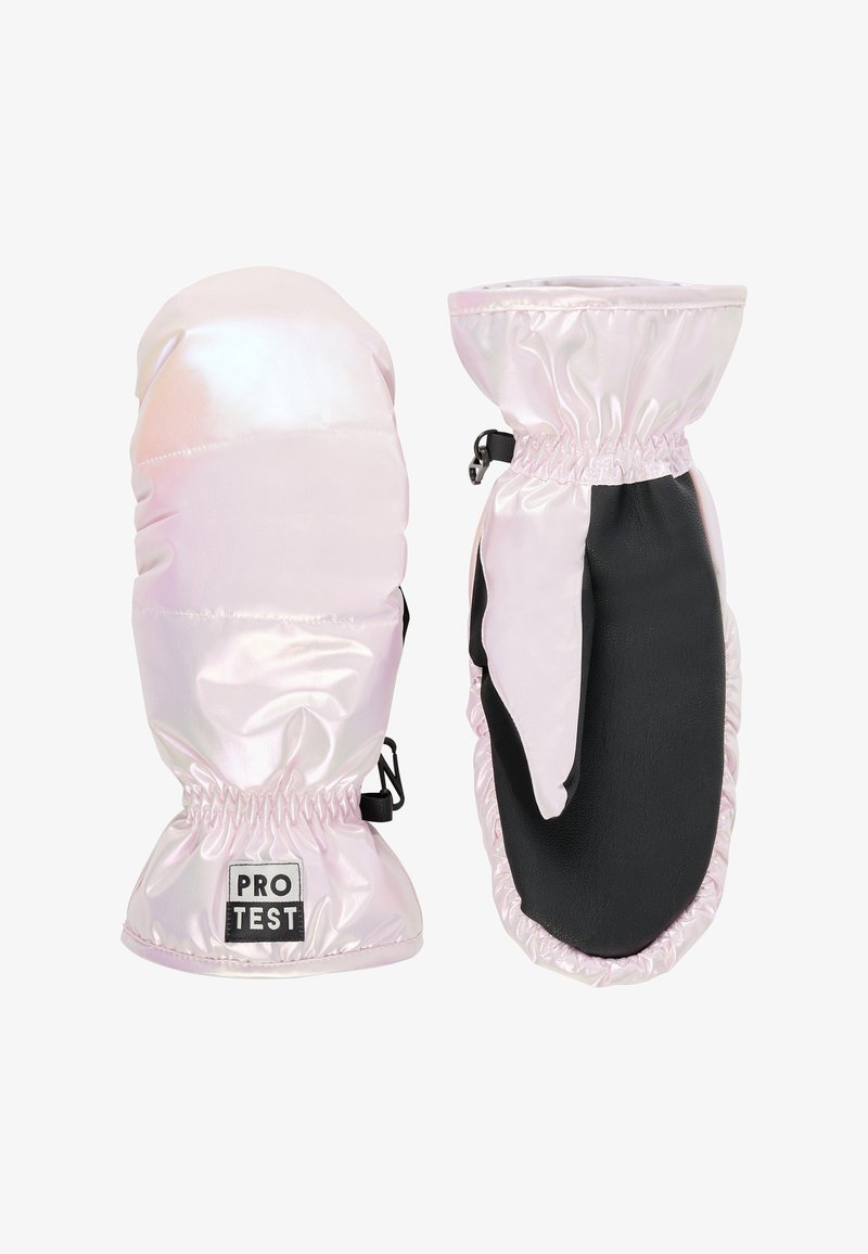 Roze en iriserende wanten met elastische manchetten, voorzien van een zwarte textuurpalma en logo-applicatie, ontworpen voor warmte en bescherming.