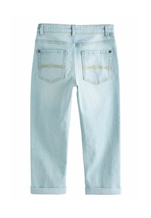 Ljusblå denimjeans med avsmalnande ben, utrustade med uppvikta fållar, två bakfickor och guldstickning i ett zigzag-mönster.